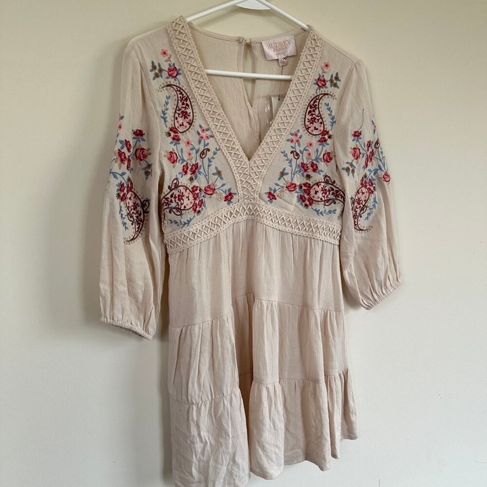 Audrey Parks Francescas Boho Norah Dress XS Floral Embroidered A Line 3/4 Sleeve - Picture 6 of 13